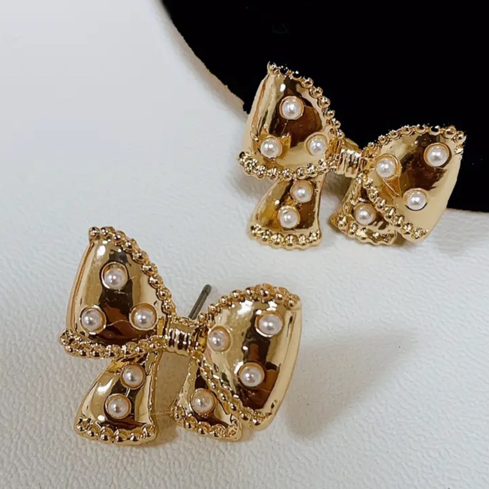 High-end Luxurious Bow Tie Stud Earrings with Faux Pearls -Stainless Steel Posts